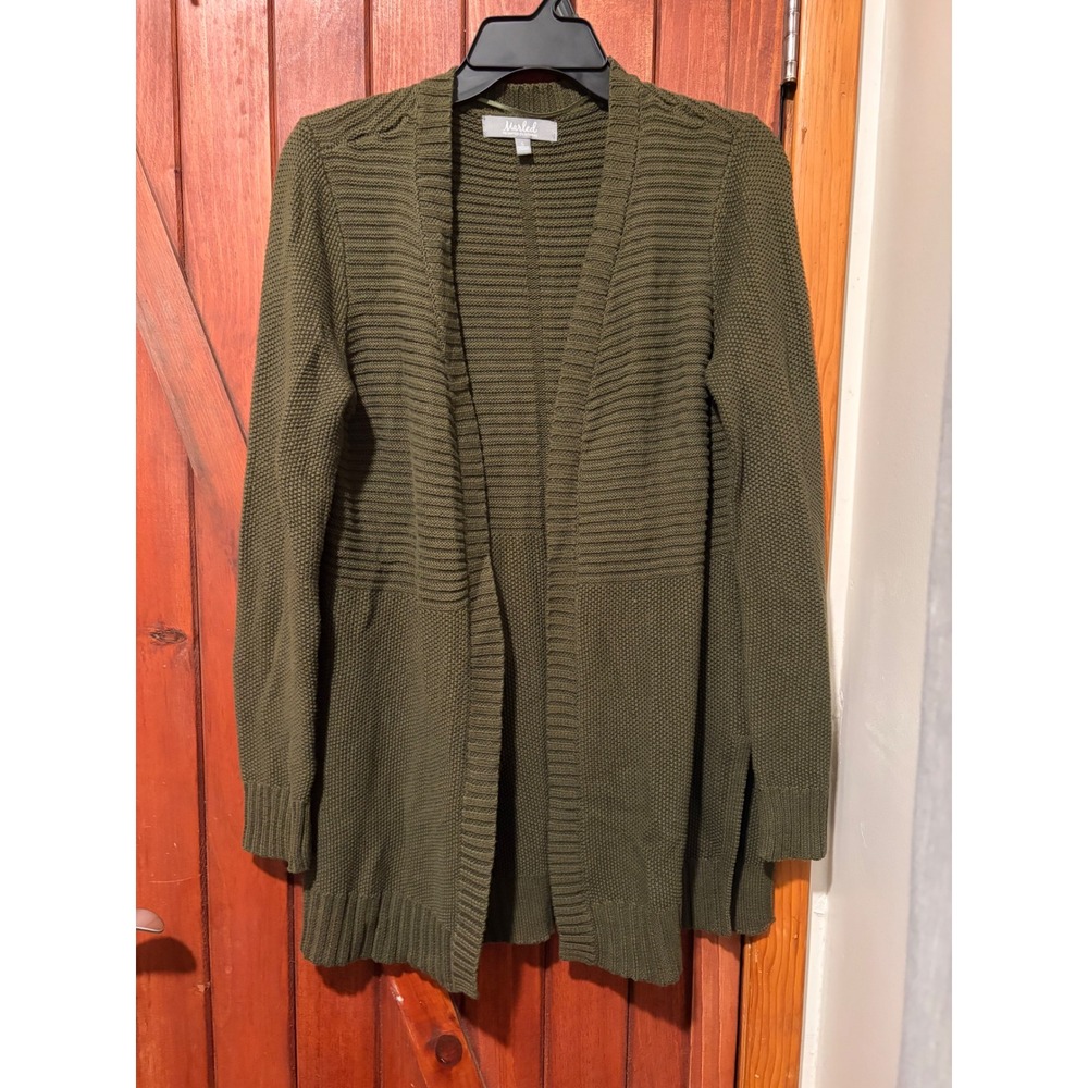 Marled Reunited Clothing Olive Green Open Front Textured Knit Cardigan Sweater S